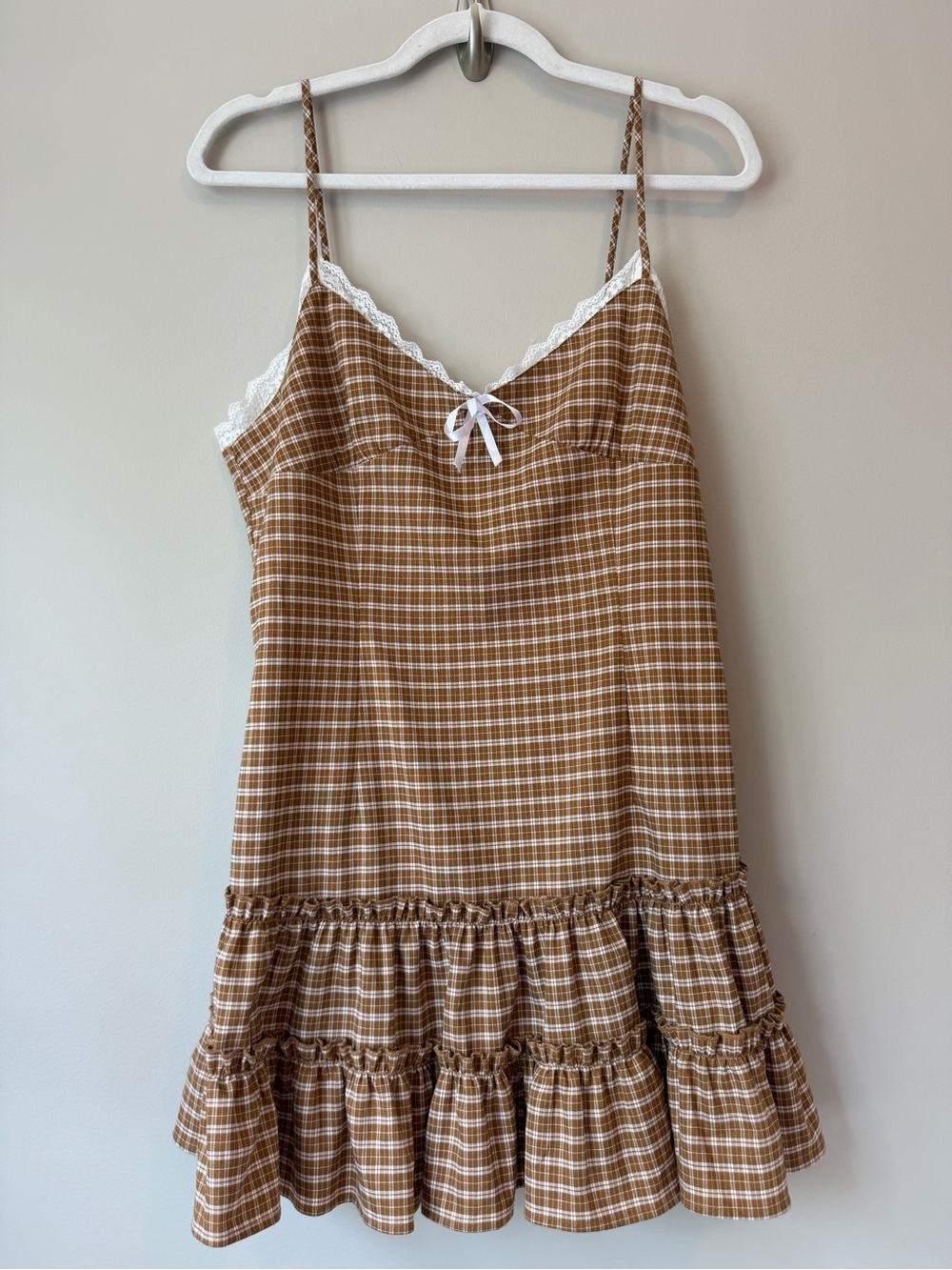 Lioness Yves Mini Dress Chocolate Check Sz L Tiered Ruffle Lace Trim